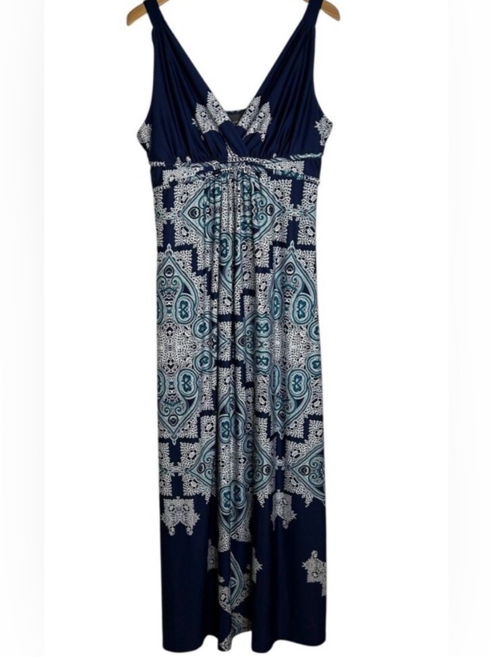 Covington Sleeveless Maxi Dress Large Paisley Blue White V-Neck Flowy  EUC
